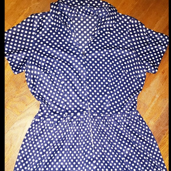 SOLD Vtg 60's Navy & White Housewife Polka Dot Front Zip Knee Length Dress S - Picture 9 of 12